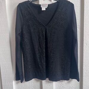 Oscar De La Renta Sequin Vintage Embellished Black Silk Blend Cardigan - Small